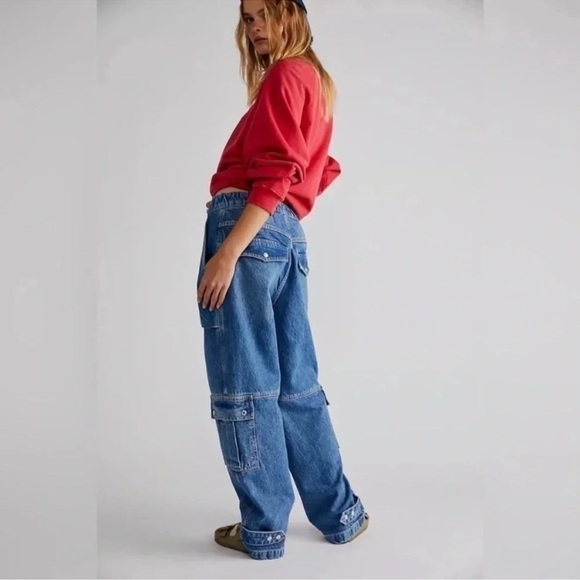 NWT Free People Marx Slouchy Cargo Jeans Pants Utility Wide Leg in Blue 28 - Picture 8 of 14